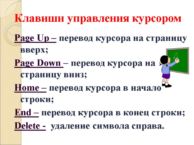 Клавиши управления курсором Page Up – перевод курсора на страницу вверх; Page Down –